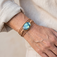 Bracelet "Bouclier de Lumière" en Labradorite porté au poignet