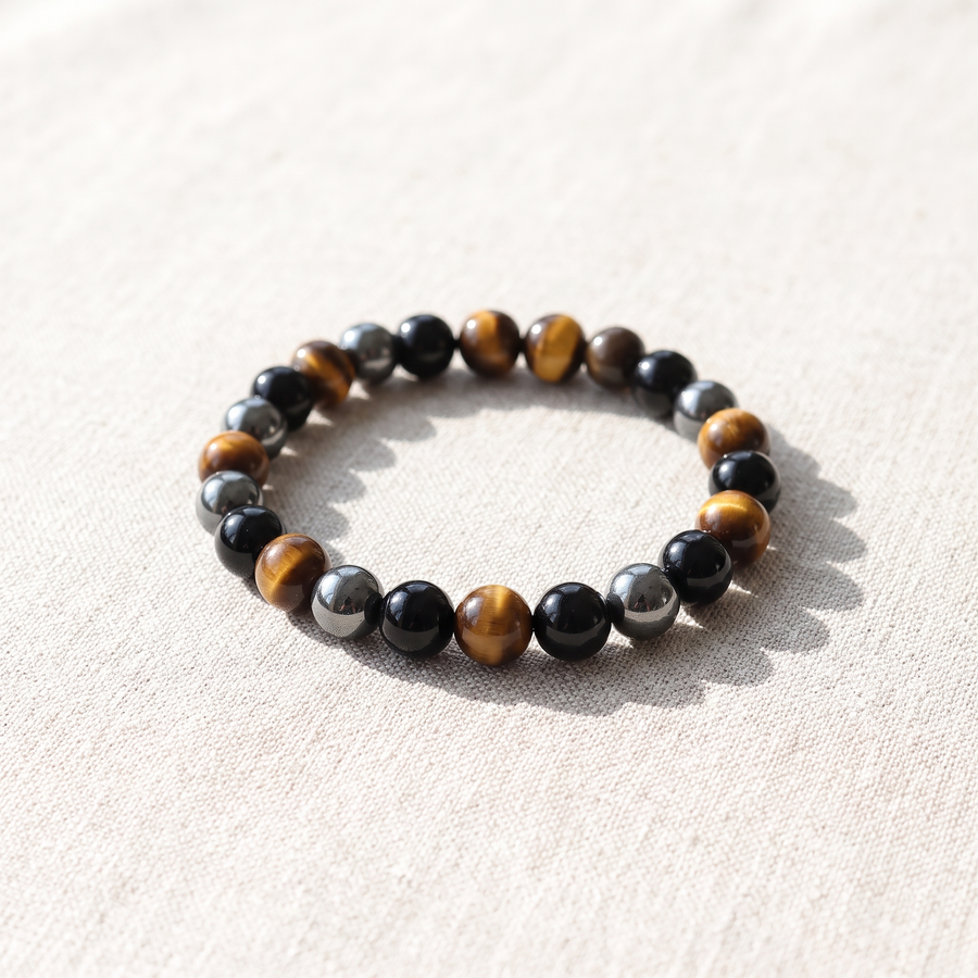 Bracelet "3 Protections" en Oeil de Tigre, Hématite & Obsidienne Noire, bracelet en pierres naturelles