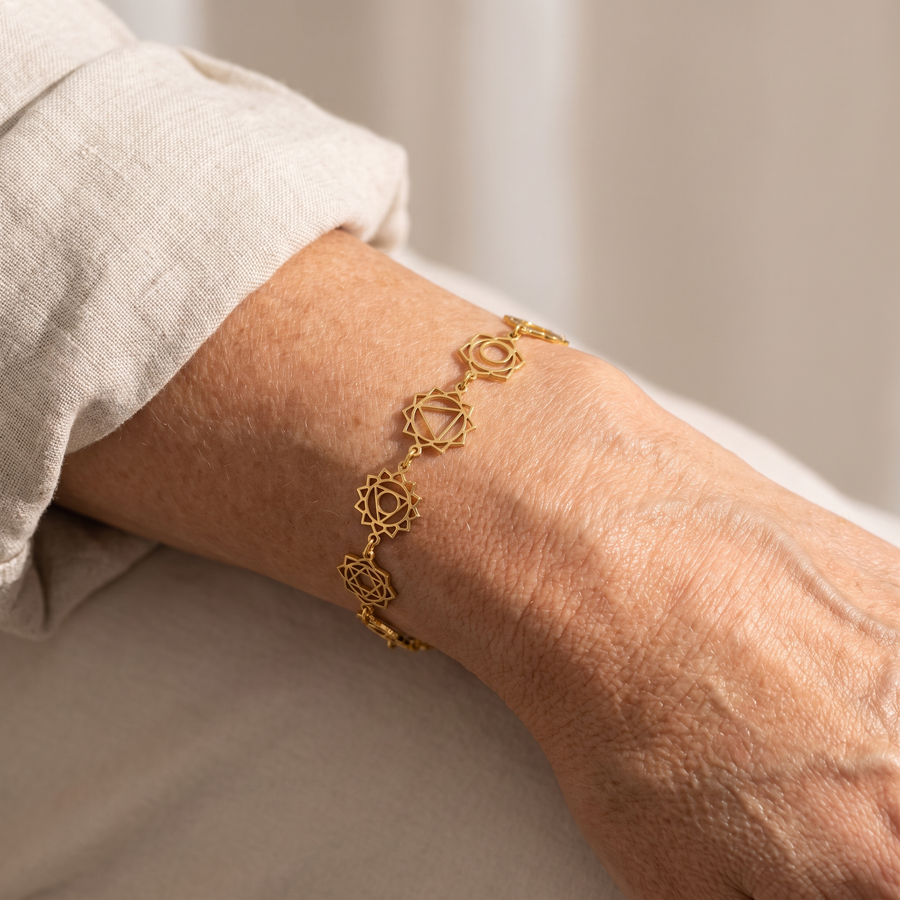 Bracelet "Alignement" – Symboles des 7 Chakras porté au poignet