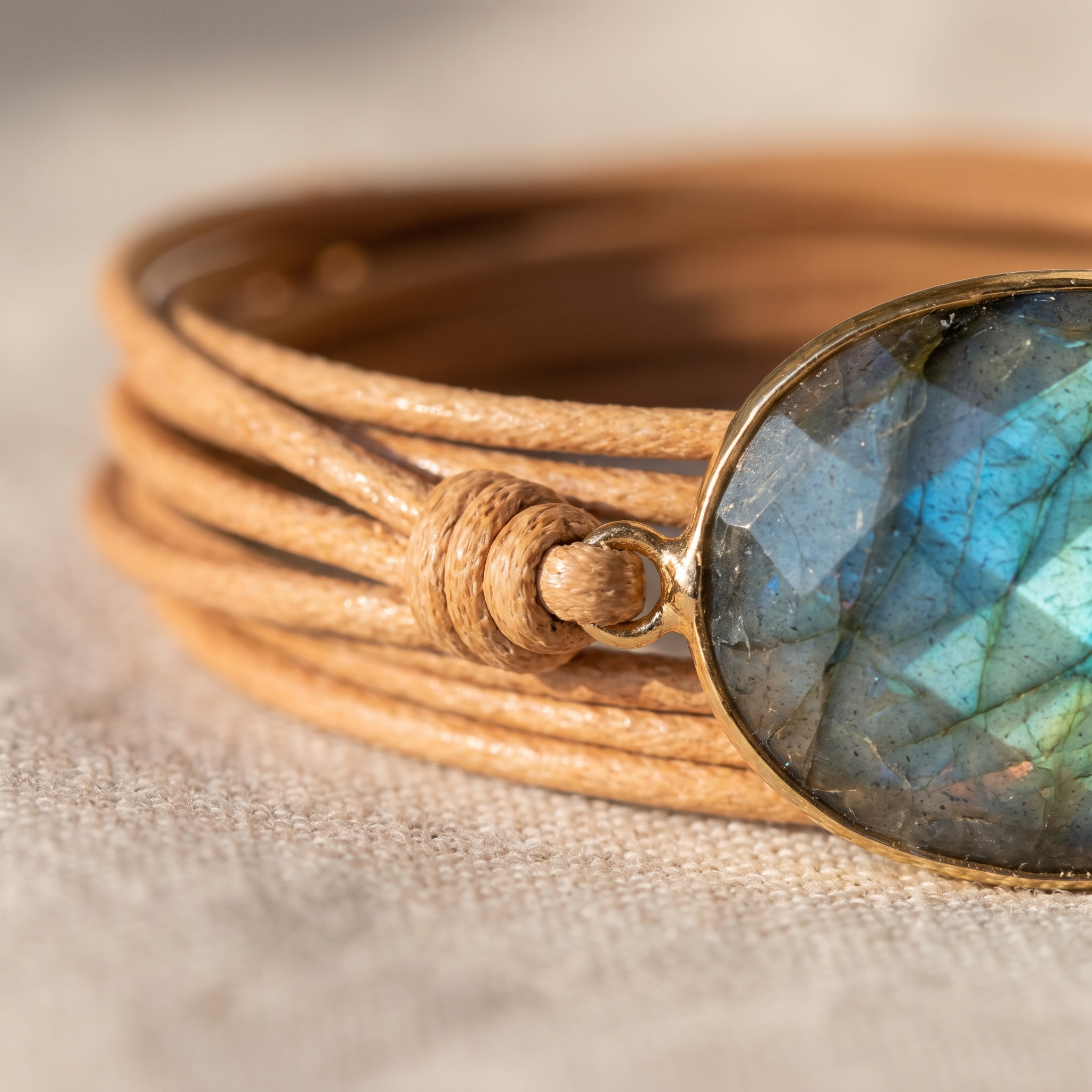 Détail des pierres du Bracelet "Bouclier de Lumière" en Labradorite