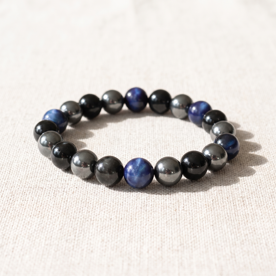 Bracelet "Cap Assuré" en Hématite, Tourmaline Noire & Oeil de Tigre Bleu, bracelet en pierres naturelles