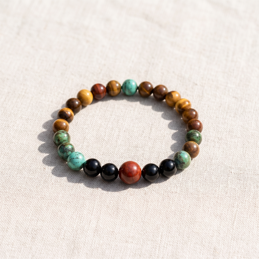 Bracelet "Energies Protectrices" en Oeil de Tigre, Oeil de Taureau, Turquoise Africaine & Onyx, bracelet en pierres naturelles