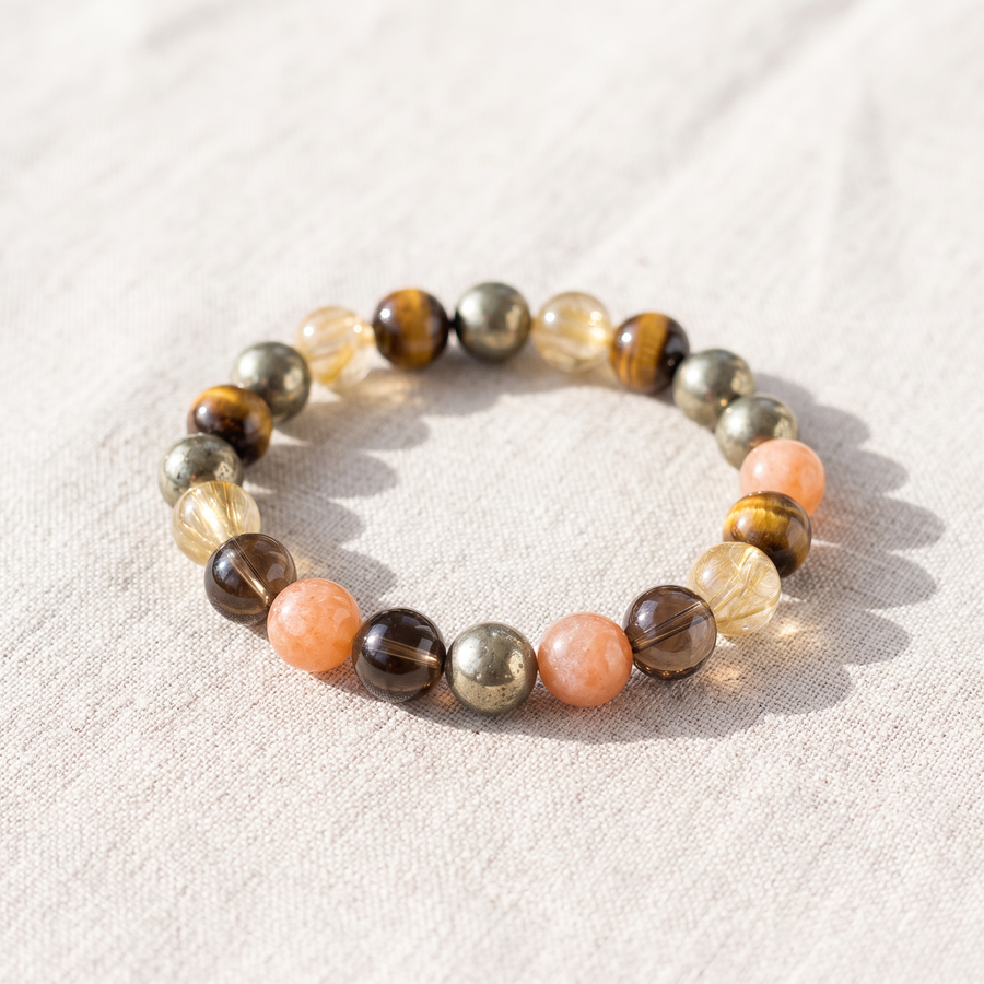 Bracelet "Énergie Solaire" en Quartz Fumé, Oeil de Tigre & Quartz Rutile Doré, bracelet en pierres naturelles