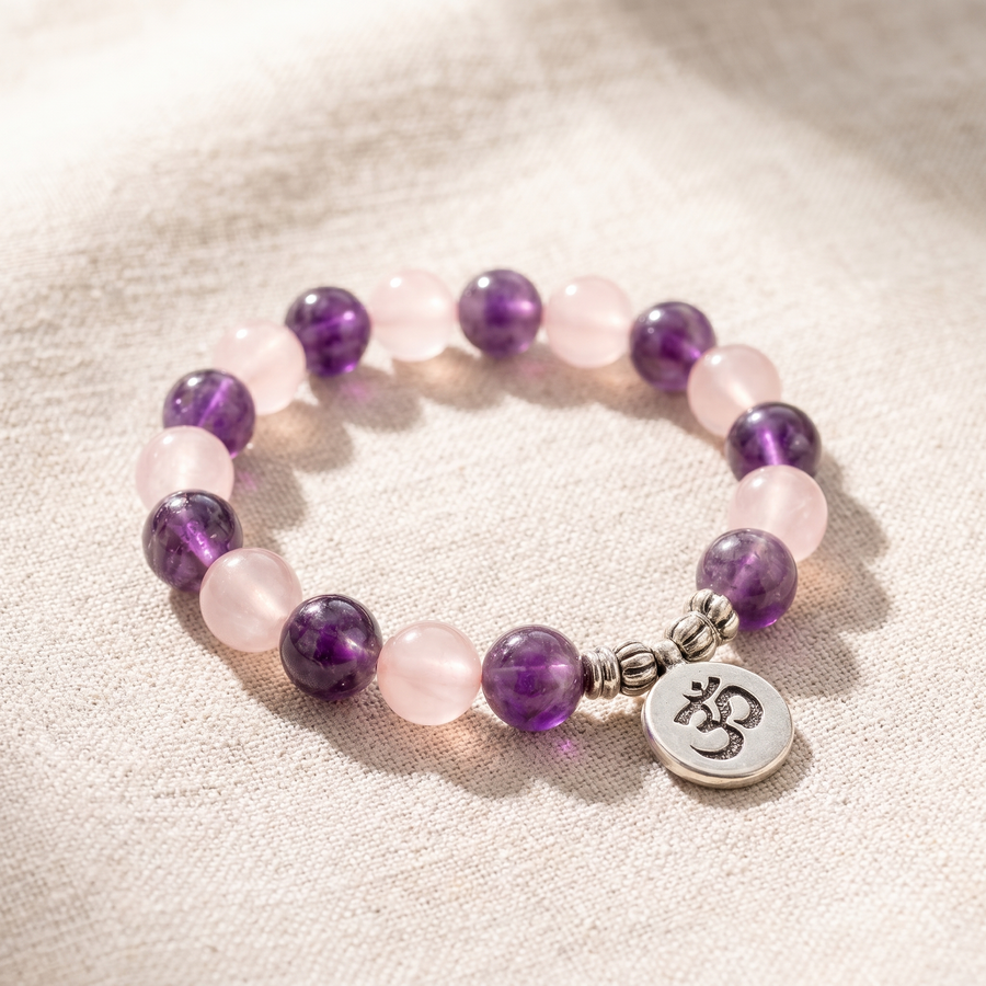Bracelet "Amour & Spiritualité" en Améthyste & Quartz Rose, bracelet en pierres naturelles