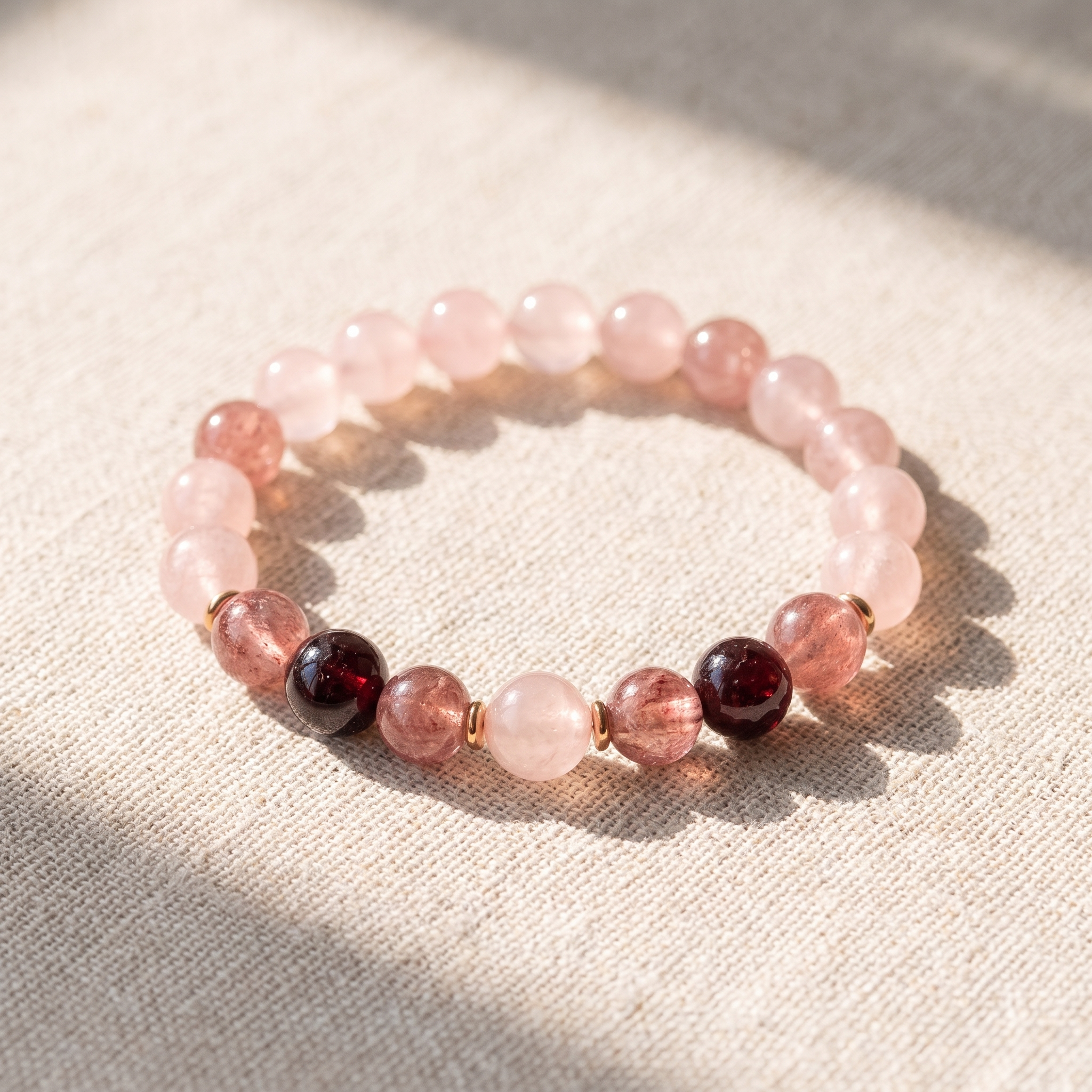 Bracelet "Amour Infini" en Quartz Rose, Grenat & Quartz Fraise, bracelet en pierres naturelles