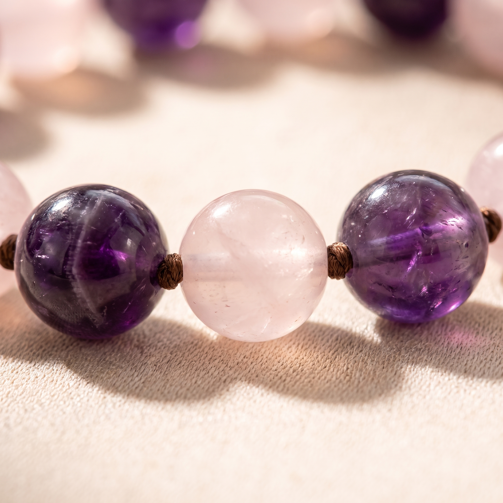 Détail des pierres du Bracelet "Amour & Spiritualité" en Améthyste & Quartz Rose