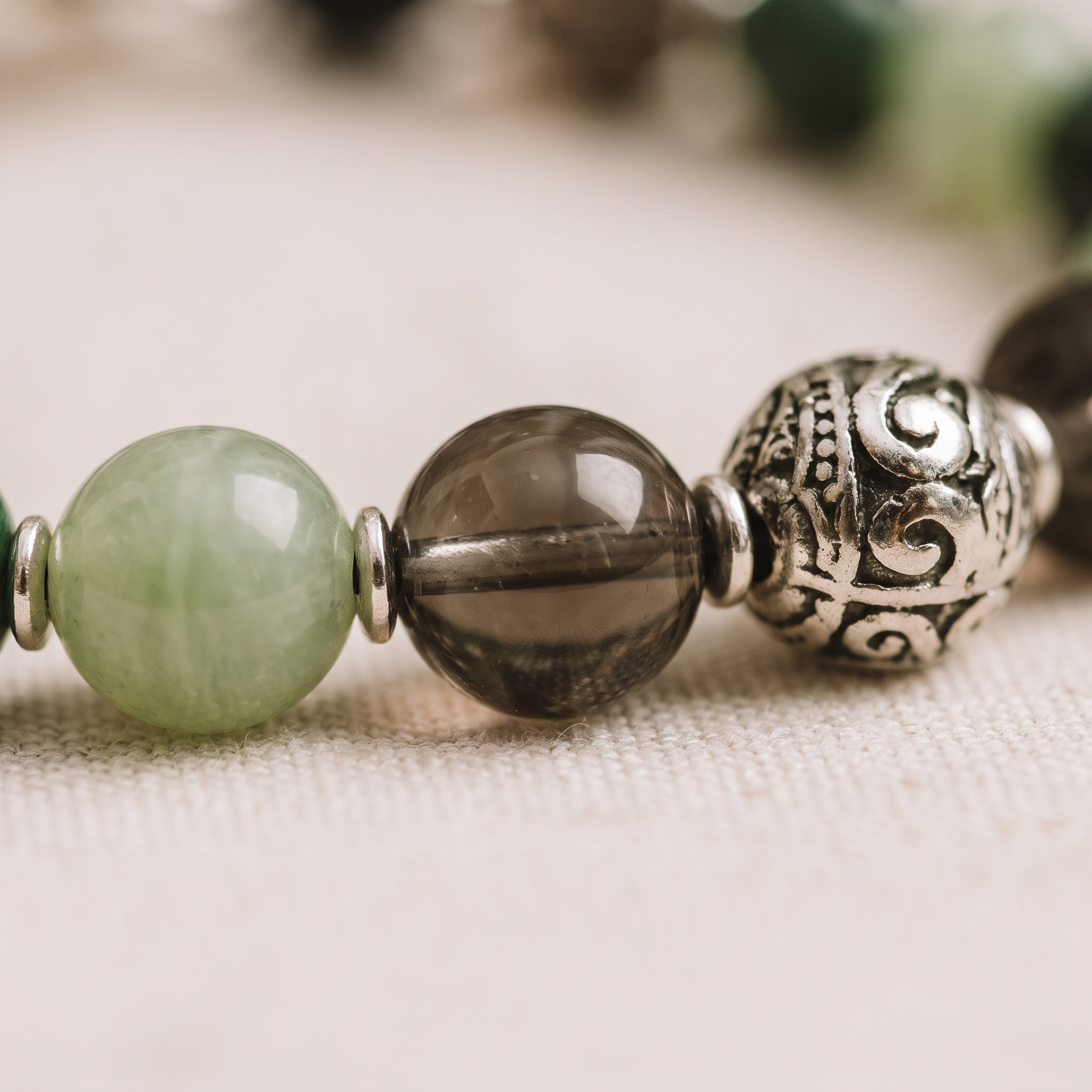 Détail des pierres du Bracelet "Chance & Protection" en Aventurine, Malachite & Quartz Fumé