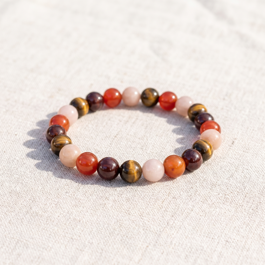 Bracelet "Chance & Joie" en Oeil de Tigre, Pierre de Soleil, Cornaline & Grenat, bracelet en pierres naturelles