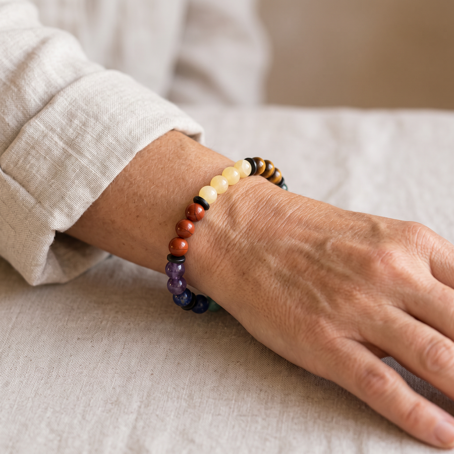 Bracelet "Harmonisation des 7 Chakras" porté au poignet