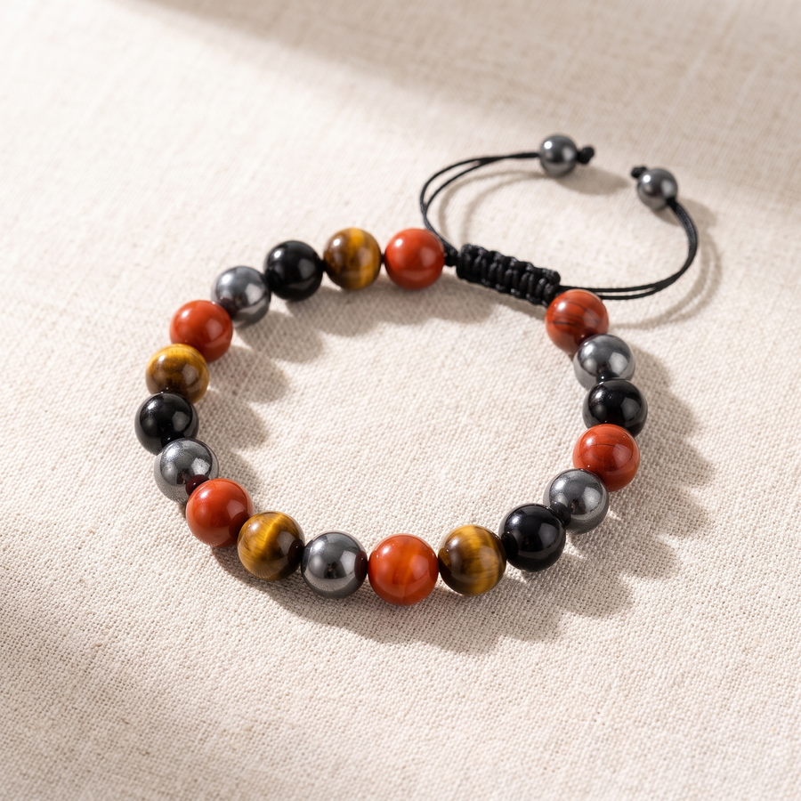 Bracelet "Ancrage & Protection" en Tourmaline, Jaspe Rouge, Hématite & Oeil de Tigre, bracelet en pierres naturelles