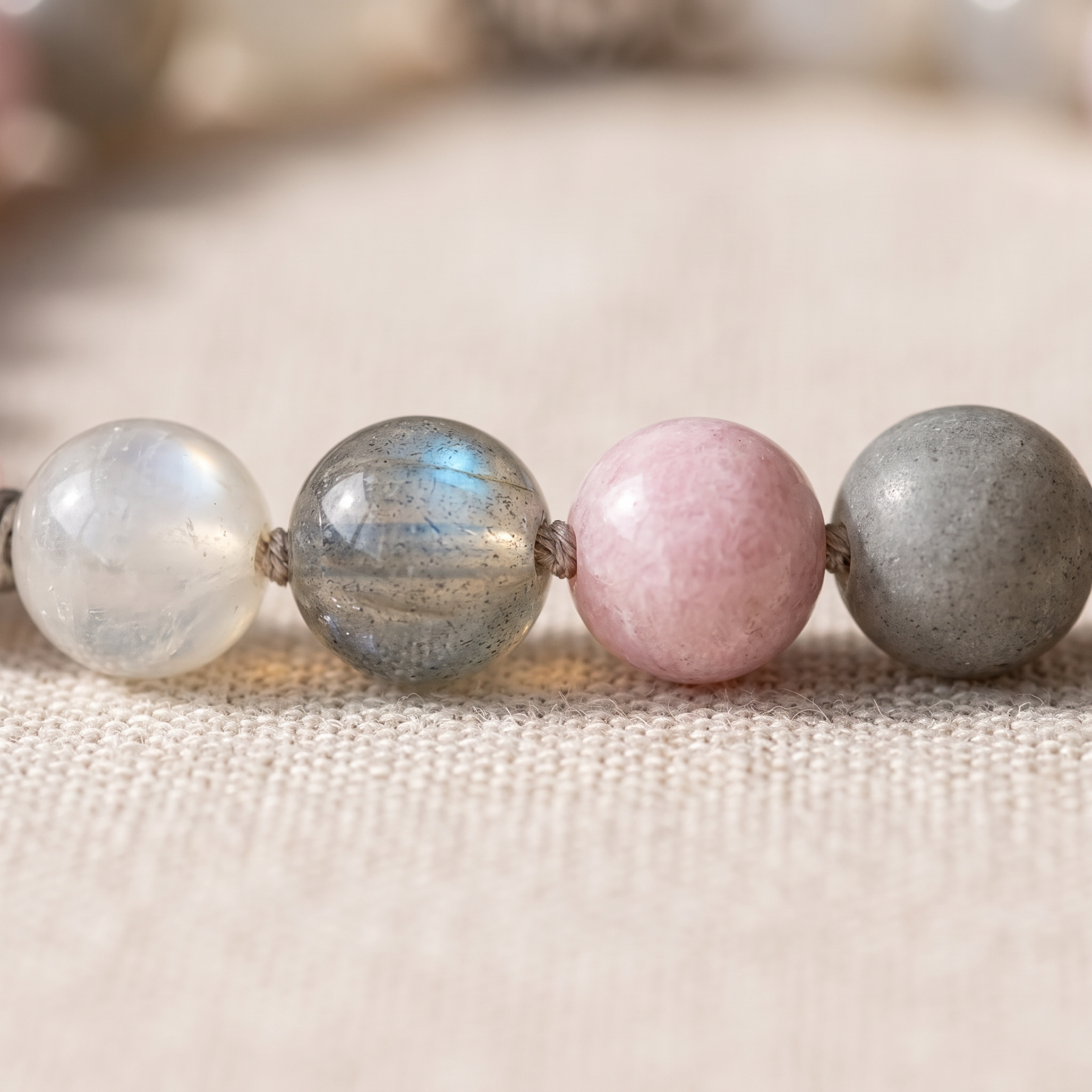 Détail des pierres du Bracelet "Douceur Féminine" en Labradorite, Pierre de Lune & Kunzite