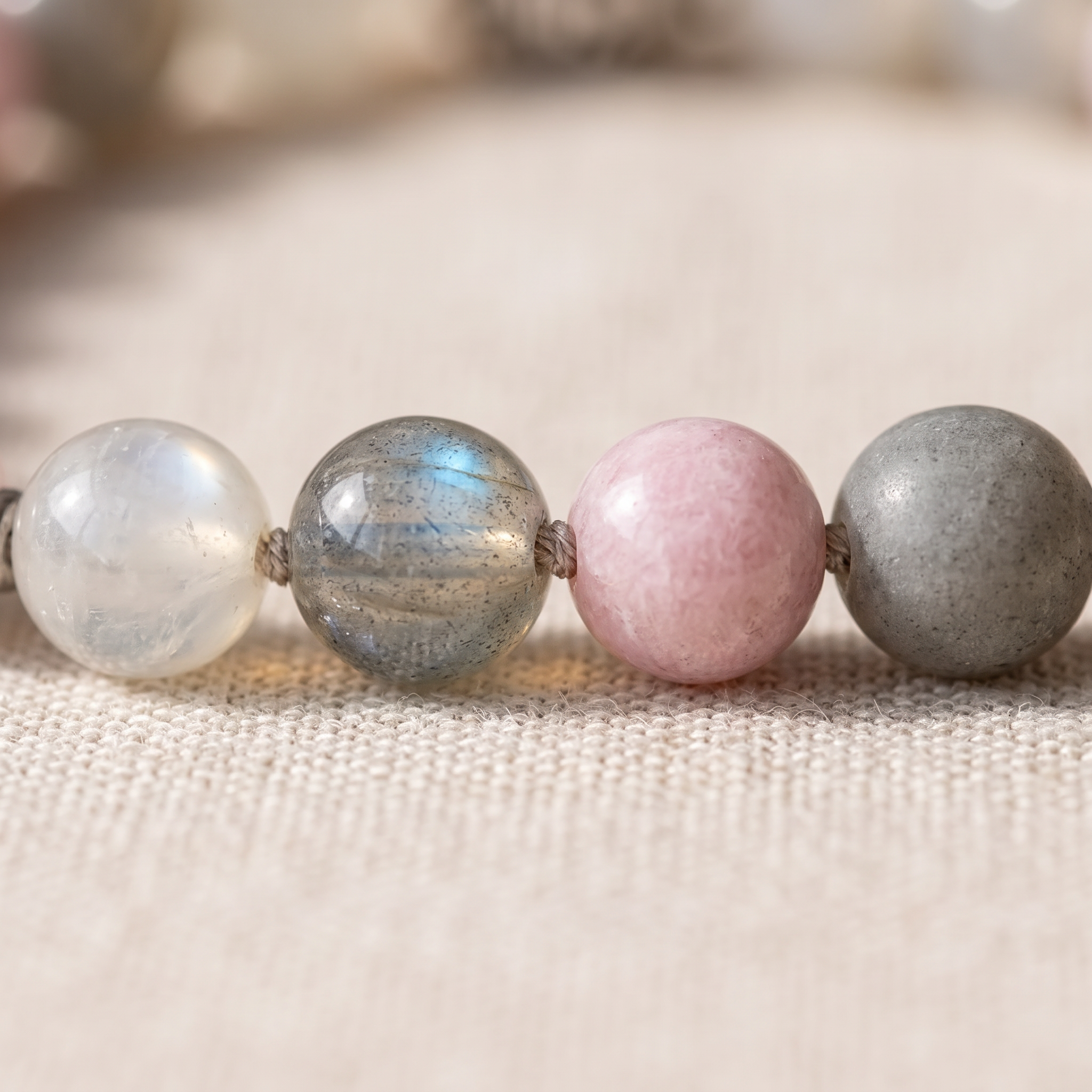 Détail des pierres du Bracelet "Douceur Féminine" en Labradorite, Pierre de Lune & Kunzite