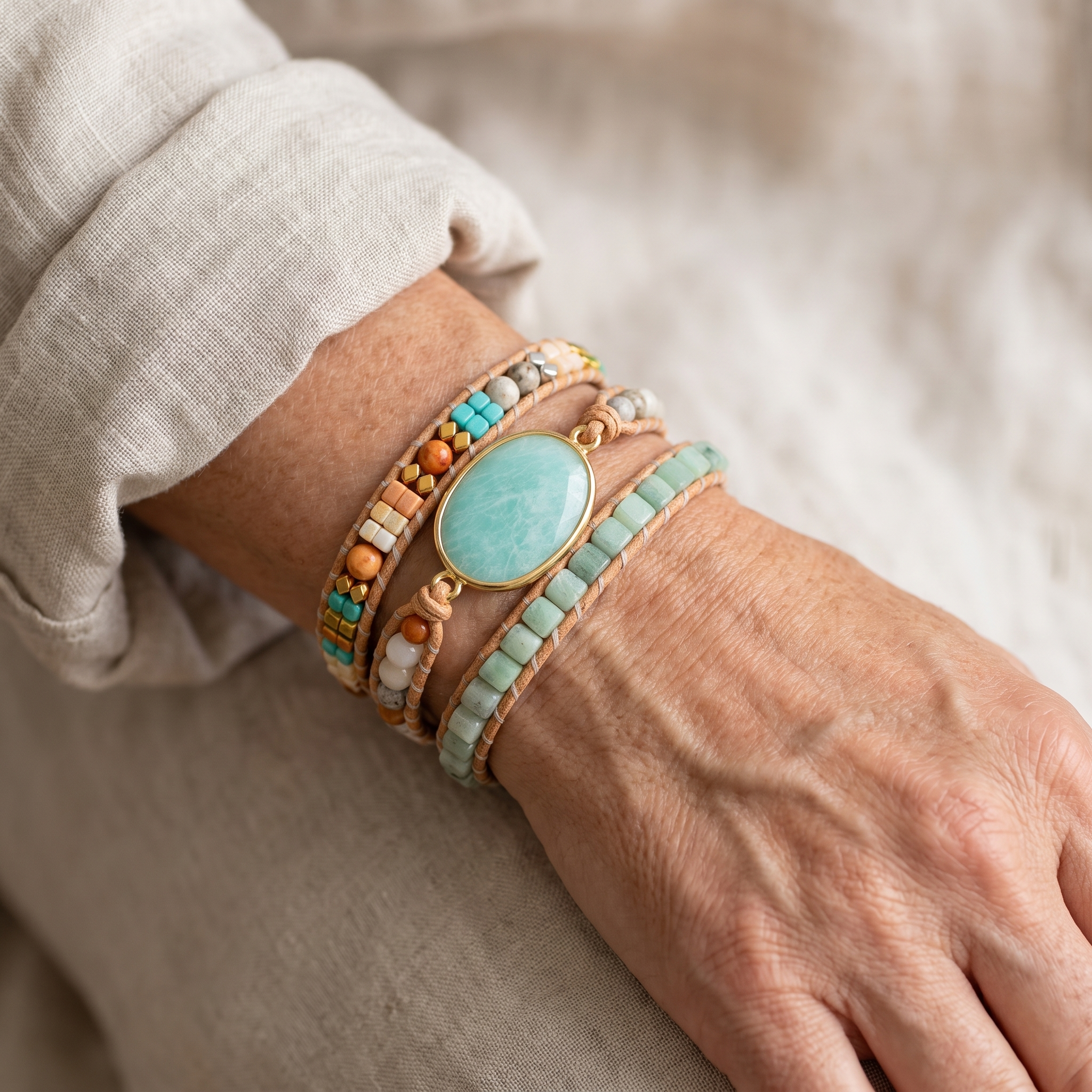 Bracelet Wrap "Douceur d'Amazonite" porté au poignet