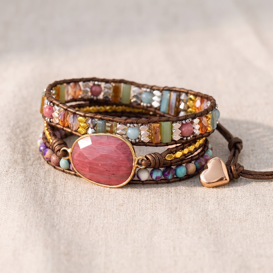 Bracelet Wrap "Douceur du Coeur" en Rhodochrosite, bracelet en pierres naturelles