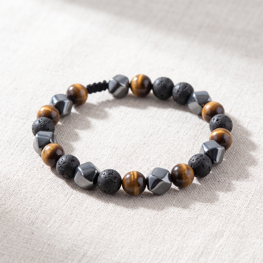 Bracelet Triple Protection en Pierre de Lave, Oeil de Tigre & Hématite, bracelet en pierres naturelles