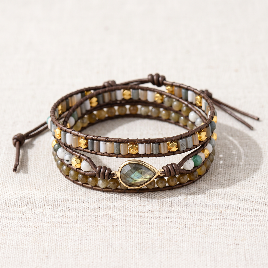 Bracelet Wrap "Protection Symbolique" en Labradorite, bracelet en pierres naturelles