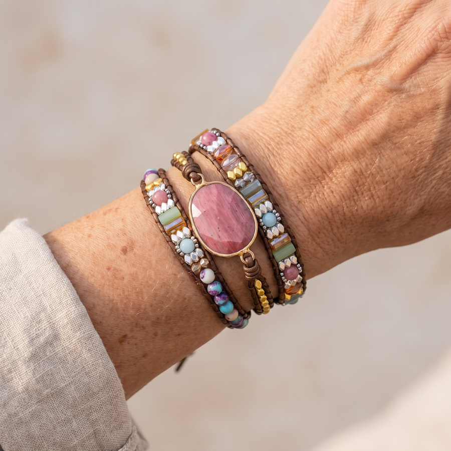 Bracelet Wrap "Douceur du Coeur" en Rhodochrosite porté au poignet