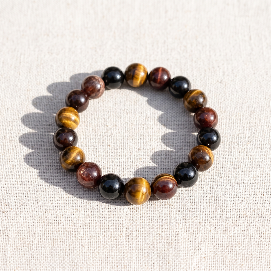 Bracelet "Réussite & Protection" en Oeil de Tigre, Grenat, Tourmaline & Quartz Fumé, bracelet en pierres naturelles