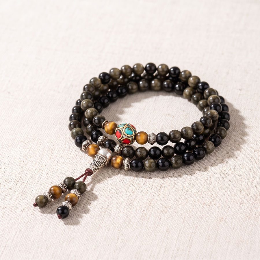 Bracelet Mala "Bouddhiste" en Obsidienne Noire & Dorée, bracelet en pierres naturelles