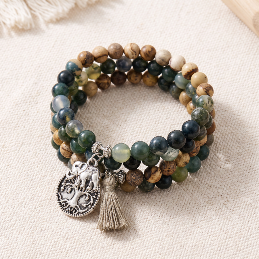 Bracelet Mala "Gaia" en Agate Mousse & Jaspe Paysage, bracelet en pierres naturelles