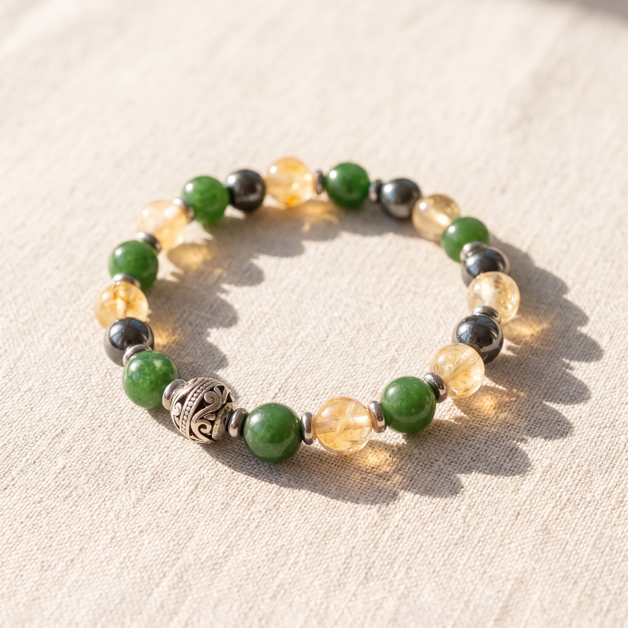 Bracelet "Symboles de Chance" en Jade, Citrine & Hématite, bracelet en pierres naturelles