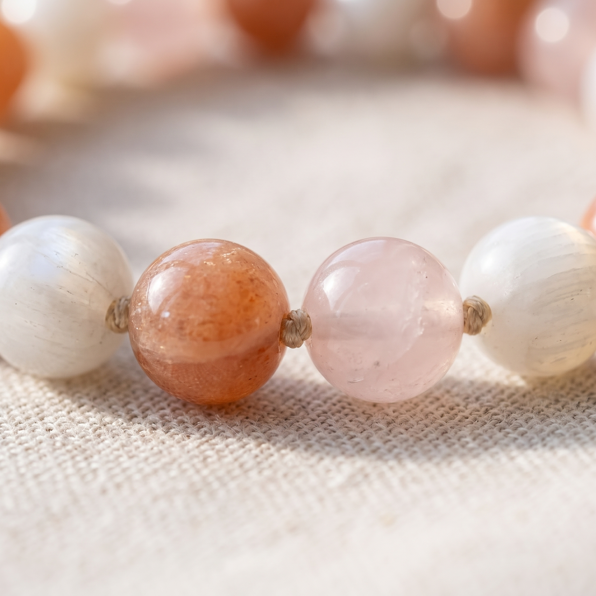 Détail des pierres du Bracelet "Vénus" en Pierre de Soleil, Quartz Rose & Pierre de Lune