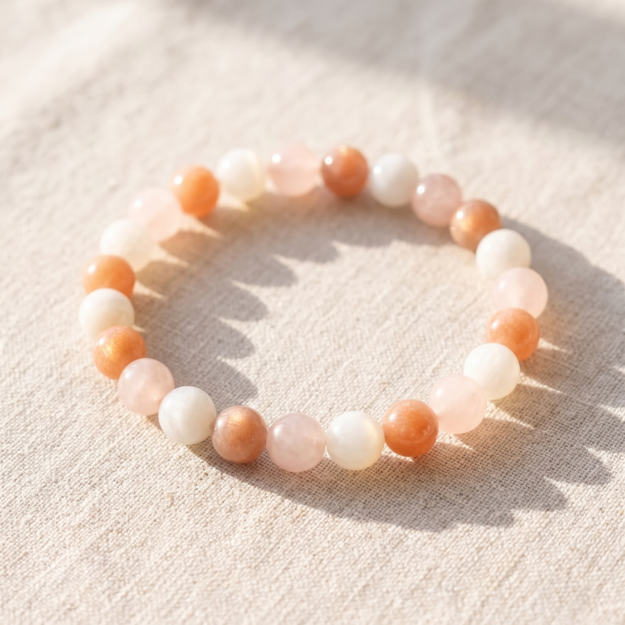 Bracelet "Vénus" en Pierre de Soleil, Quartz Rose & Pierre de Lune, bracelet en pierres naturelles