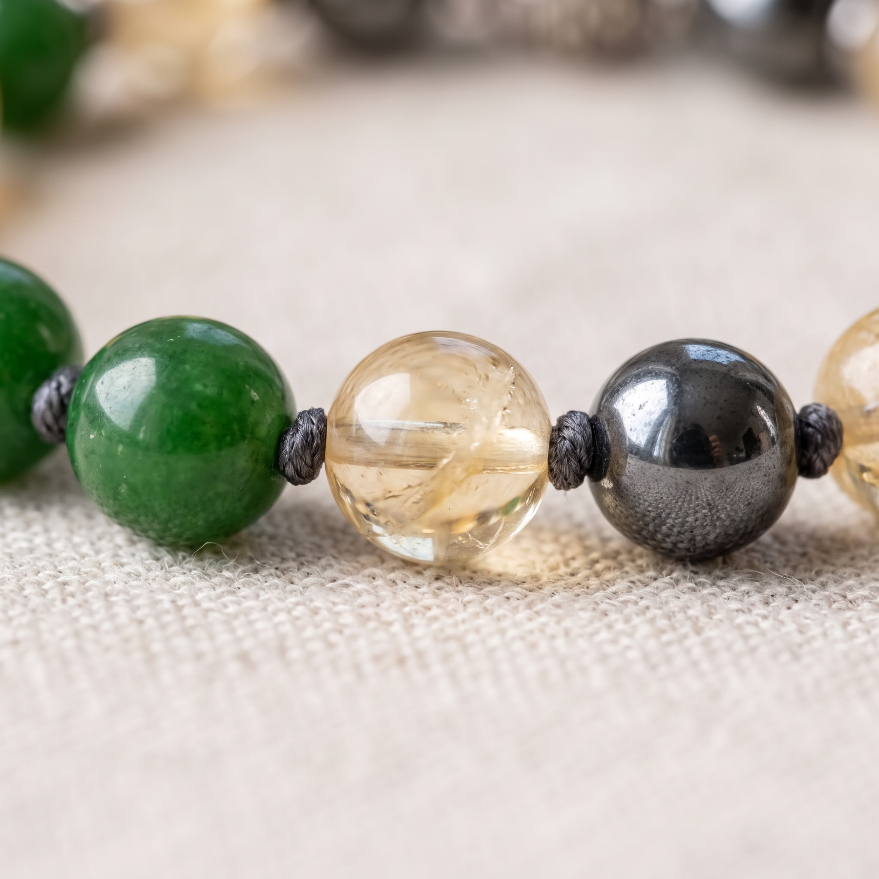 Détail des pierres du Bracelet "Symboles de Chance" en Jade, Citrine & Hématite