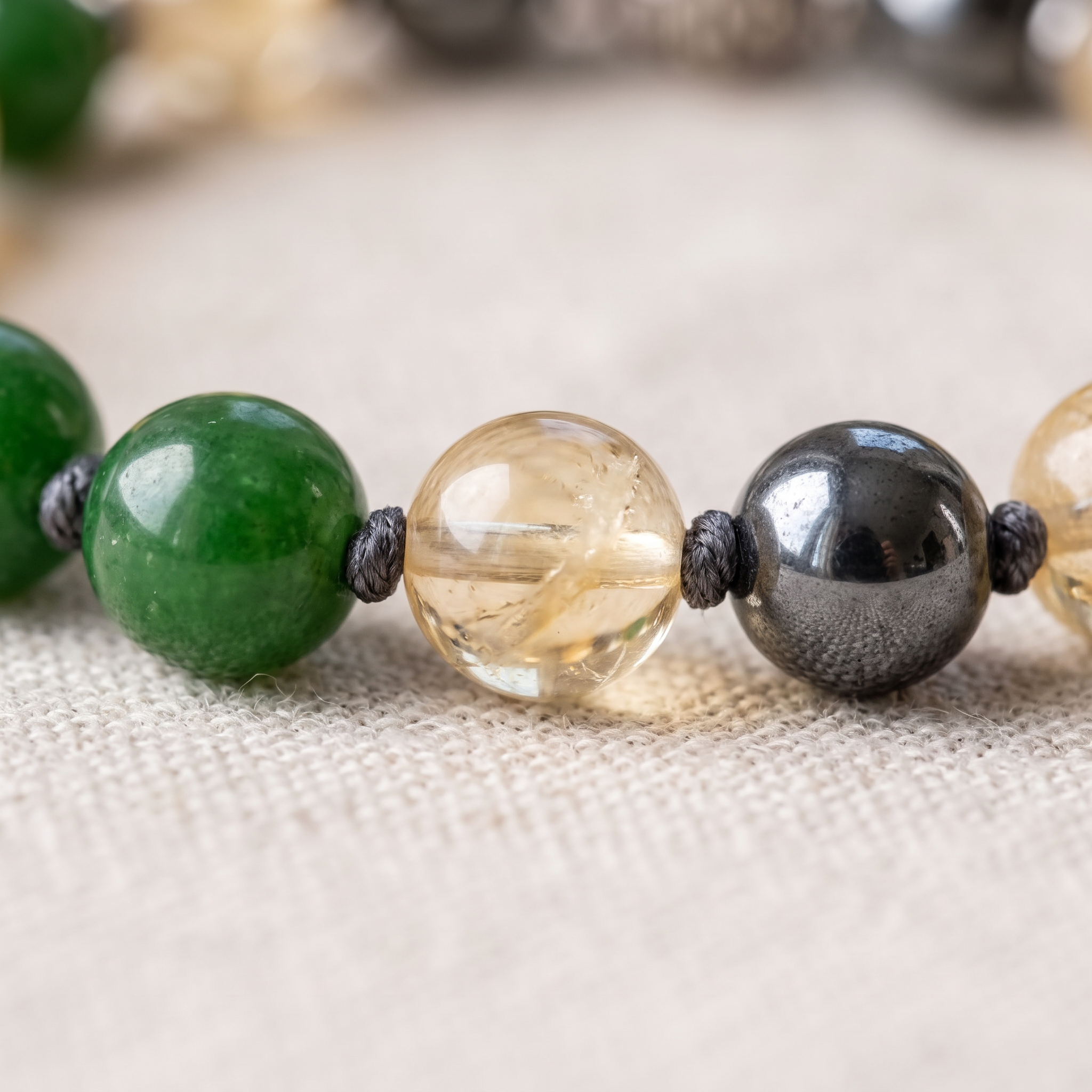 Détail des pierres du Bracelet "Symboles de Chance" en Jade, Citrine & Hématite