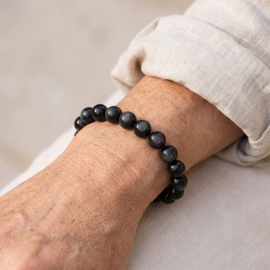 Bracelet "Œil Gardien" en Obsidienne Œil Céleste porté au poignet