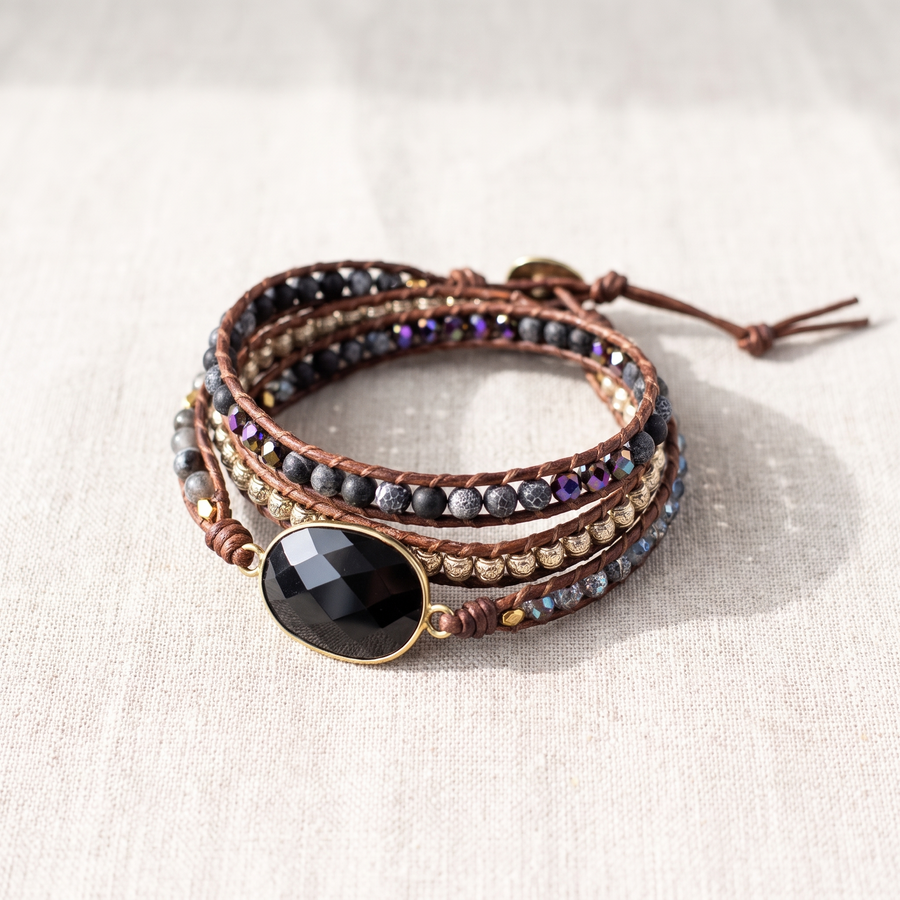 Bracelet Wrap "Symbole de Maîtrise" en Onyx, bracelet en pierres naturelles