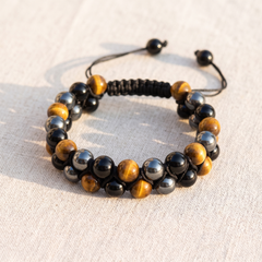 Bracelet Tressé "Triple Protection " en Hématite, Oeil de Tigre & Obsidienne, bracelet en pierres naturelles