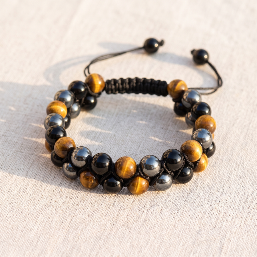 Bracelet Tressé "Triple Protection " en Hématite, Oeil de Tigre & Obsidienne, bracelet en pierres naturelles