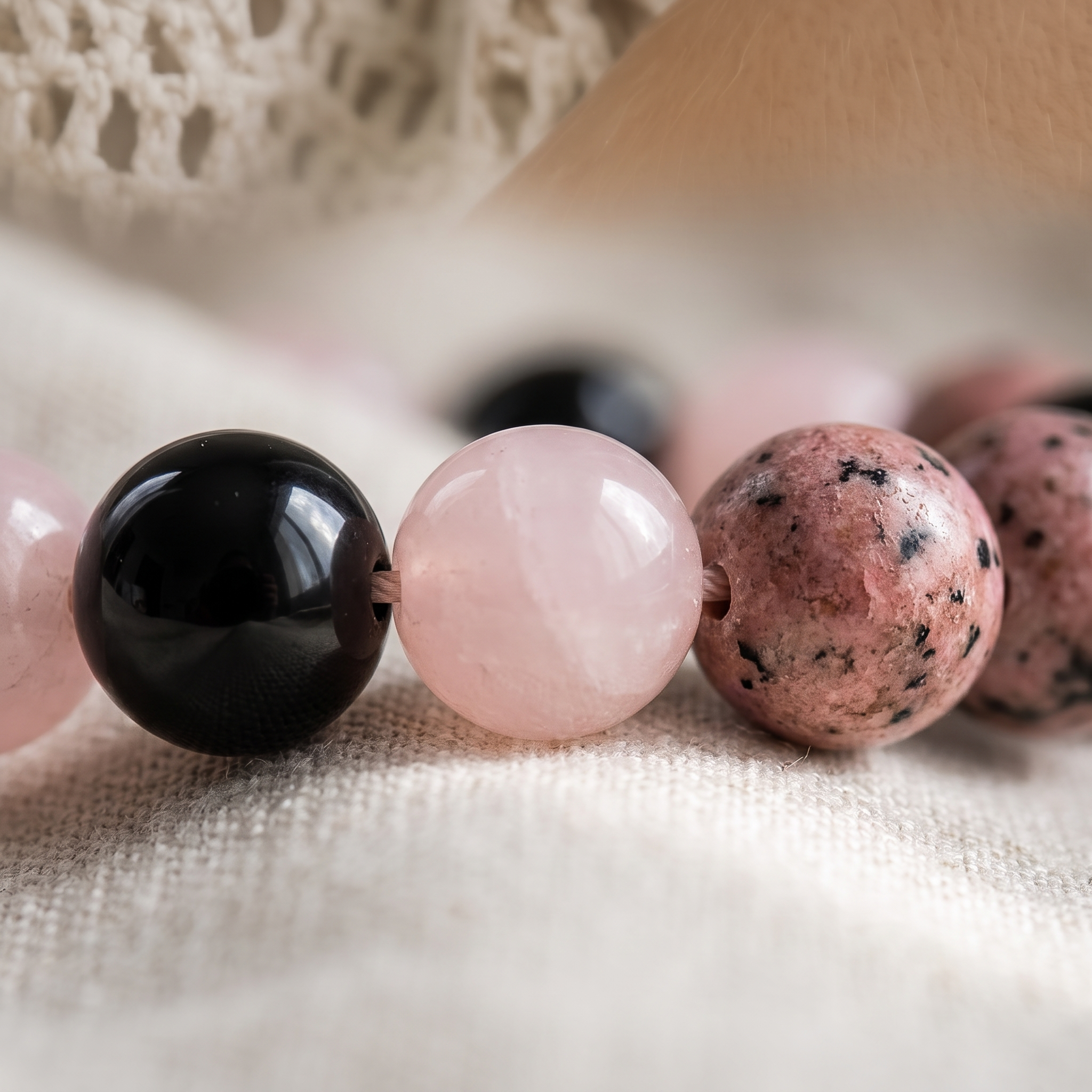 Détail des pierres du Trio de Bracelets "Paix et Equilibre" en Onyx, Quartz Rose & Rhodonite