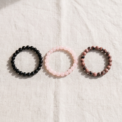 Trio de Bracelets "Paix et Equilibre" en Onyx, Quartz Rose & Rhodonite, bracelet en pierres naturelles