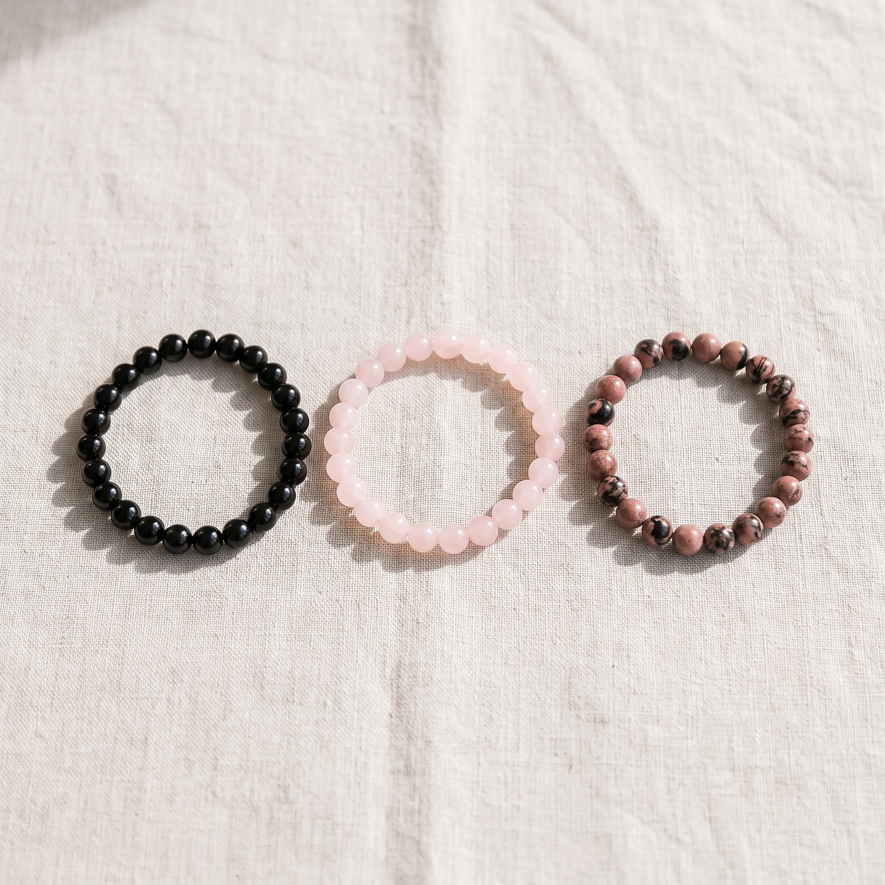 Trio de Bracelets "Paix et Equilibre" en Onyx, Quartz Rose & Rhodonite, bracelet en pierres naturelles