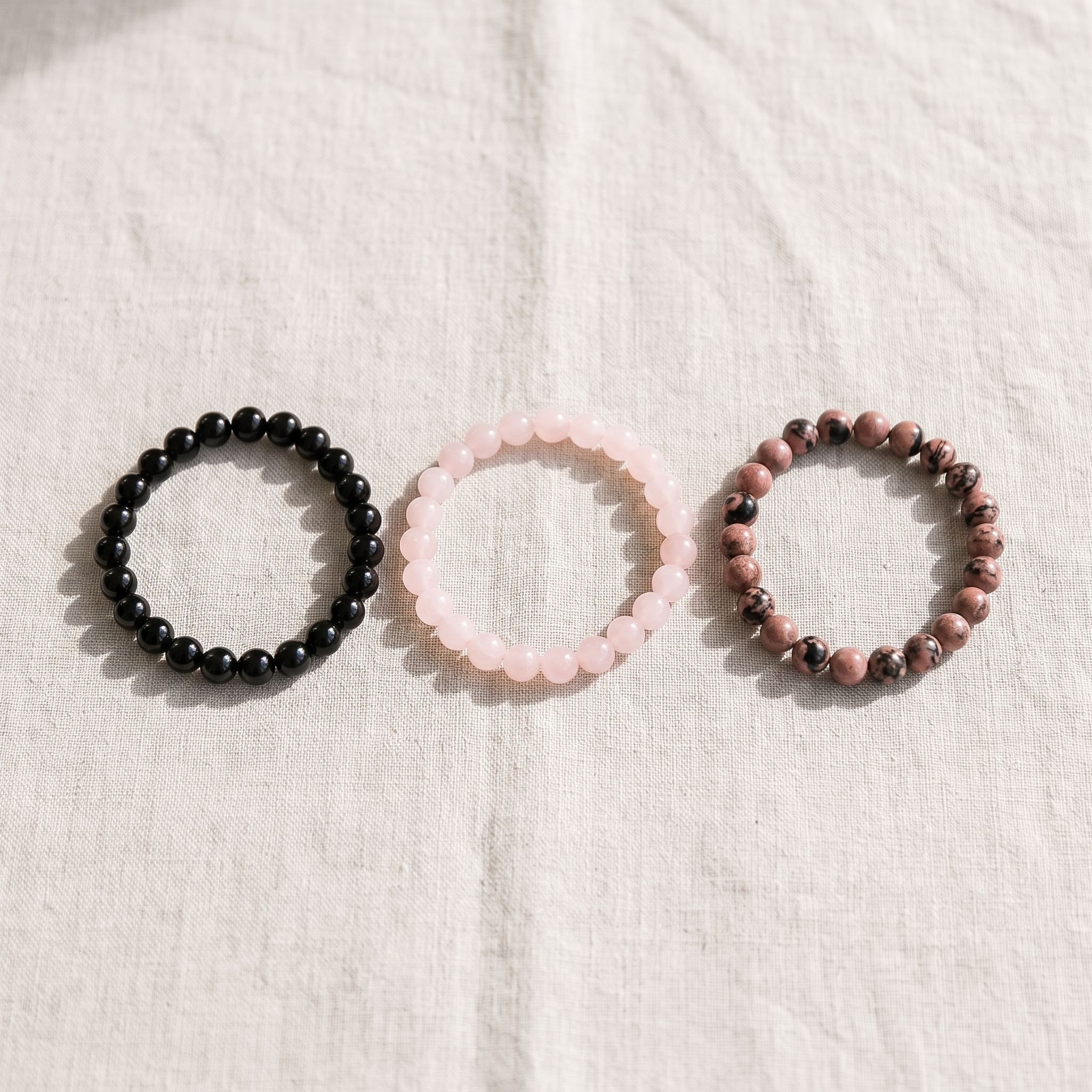 Trio de Bracelets "Paix et Equilibre" en Onyx, Quartz Rose & Rhodonite, bracelet en pierres naturelles