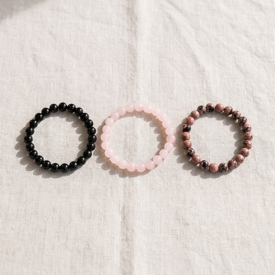 Trio de Bracelets "Paix et Equilibre" en Onyx, Quartz Rose & Rhodonite, bracelet en pierres naturelles